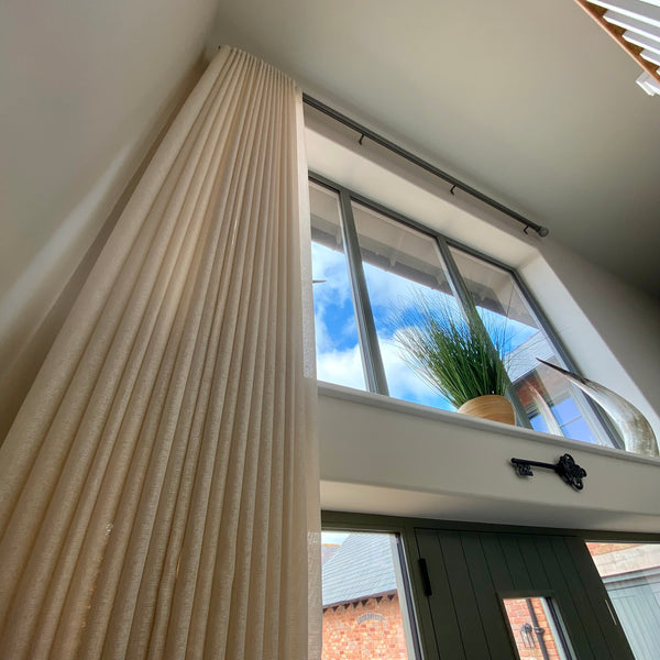 Voile wave curtain, double height curtain on Silent Gliss Metropole.  Barn conversion in Shropshire